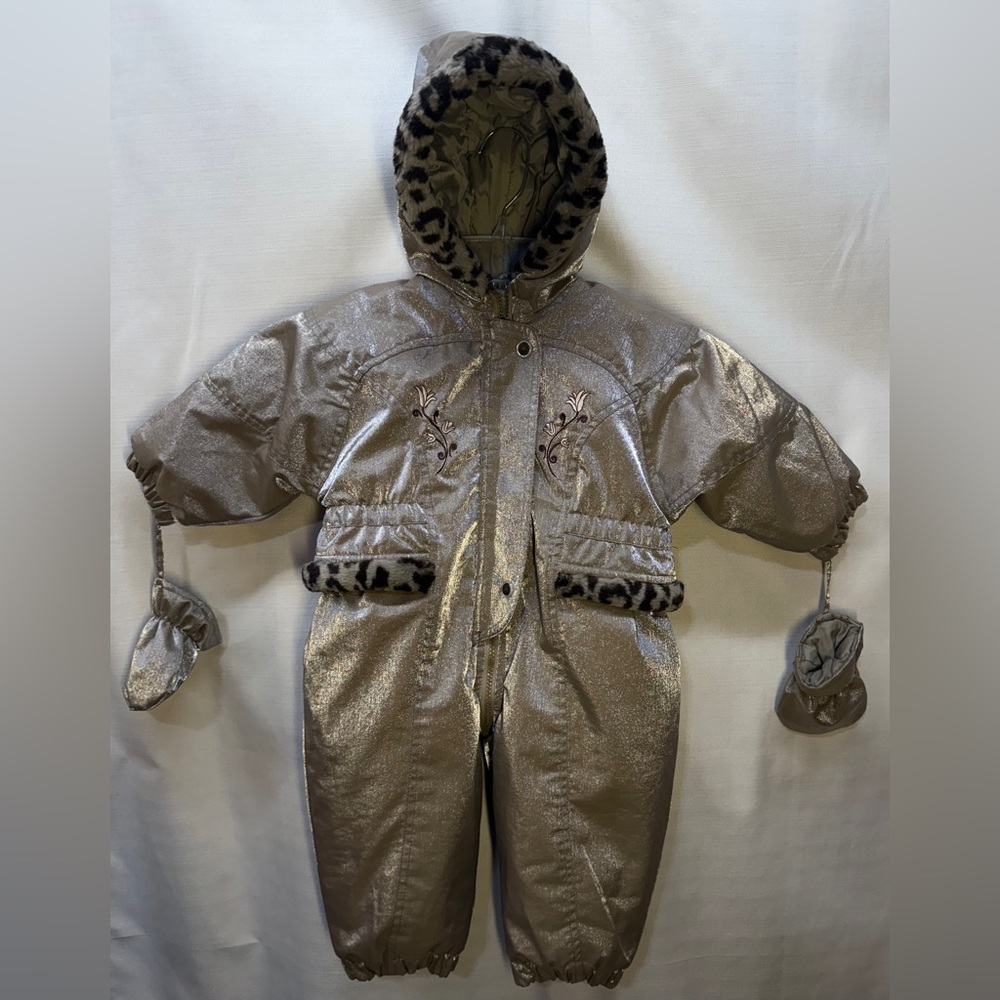 Weather Tamer Brown Metallic Animal Print Plush Fabric W/ Mittens Snowsuit 18M
